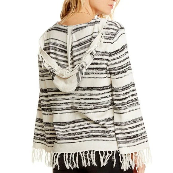 Chaser Linen Blend Fringe Trim Hooded Sweater sz Large - Picture 3 of 7